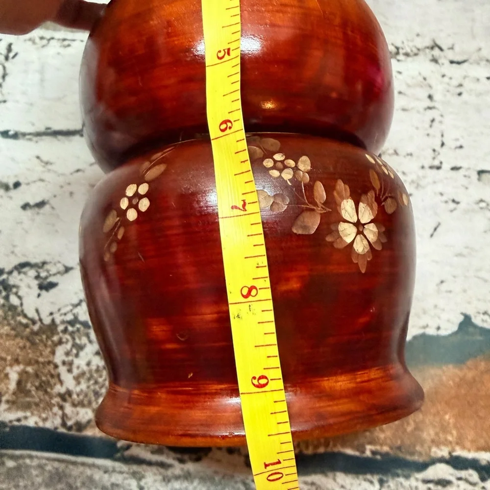 Vintage Hand-Carved Wooden Jar with Floral Inlay – Rustic‎ Boho Decor